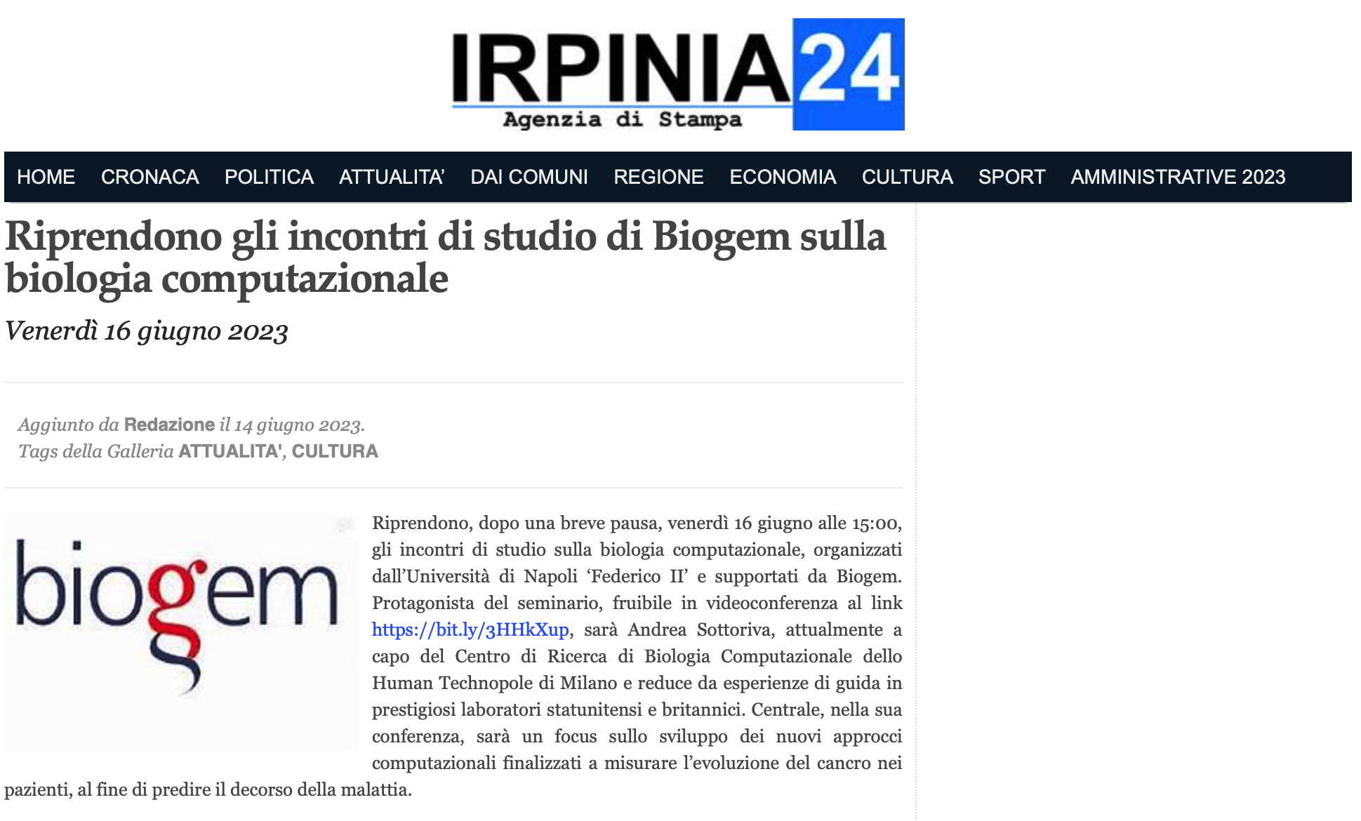 Riprendono gli incontri di studio di Biogem sulla biologia computazionale